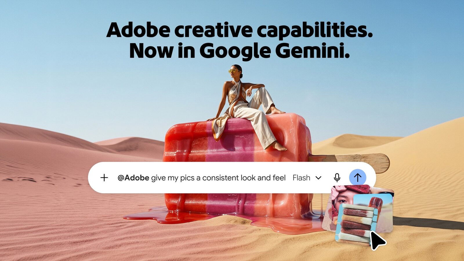 Adobe-Werbemotiv mit der Überschrift „Adobe creative capabilities. Now in Google Gemini.“ – eine Frau sitzt auf einem roten Koffer in einer Wüste, darunter ein Gemini-Eingabefeld mit einem @Adobe-Befehl