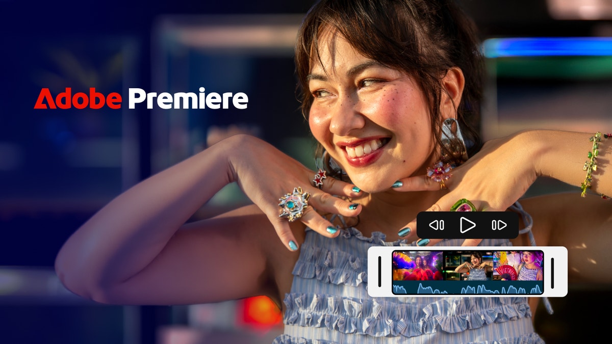 Adobe Premiere logosu ve video zaman çizelgesi öğeleri bulunan tanıtım görseli