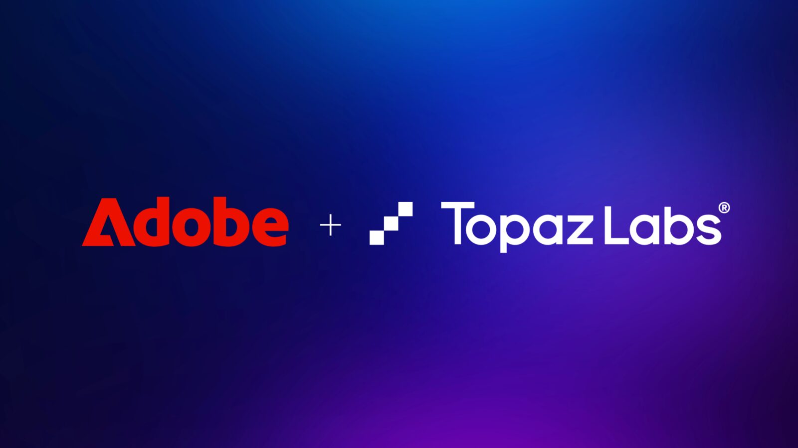 Die Logos von Adobe und Topaz Labs nebeneinander, verbunden durch ein Pluszeichen, vor einem blau-violetten Farbverlauf