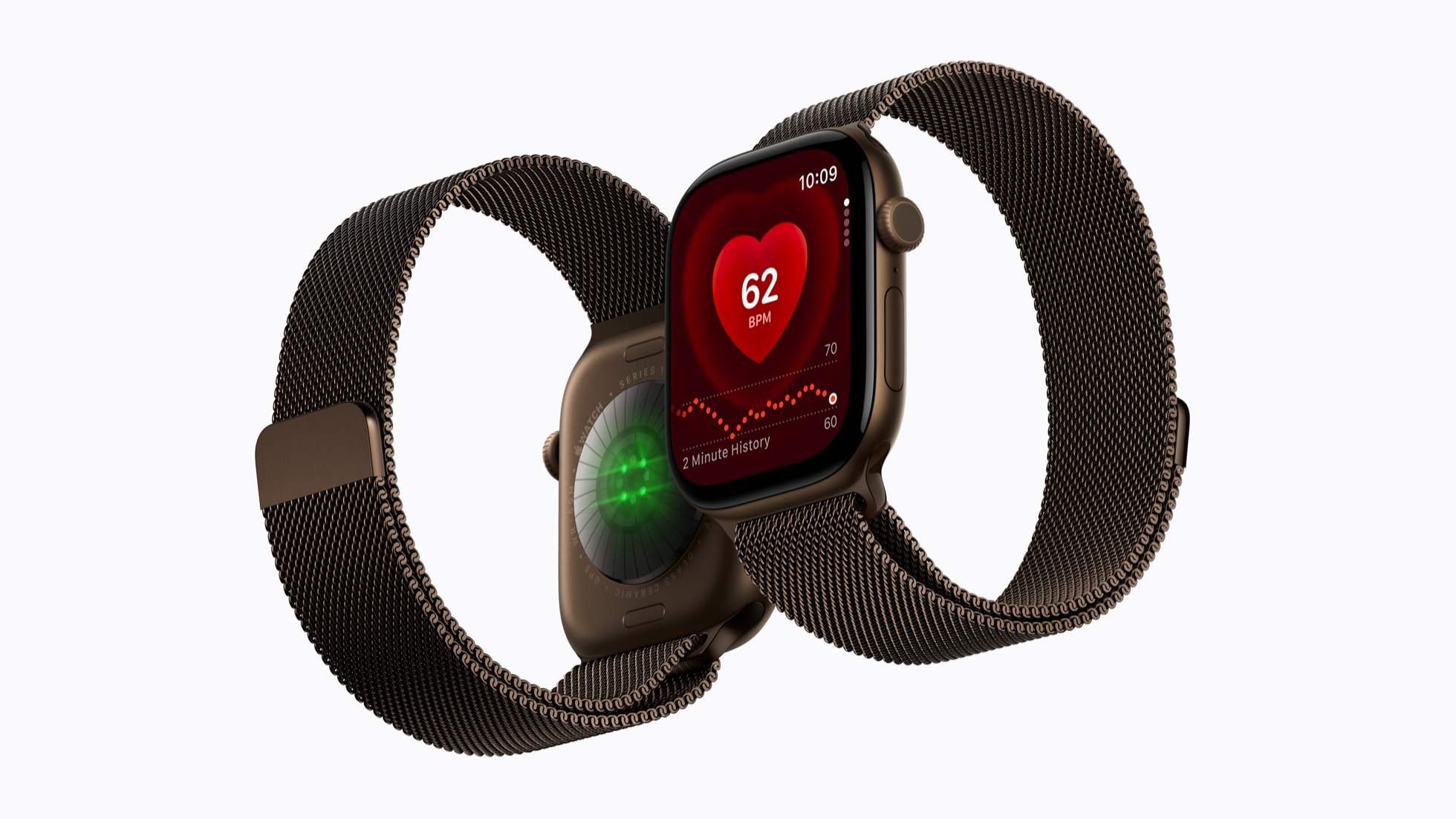 Koyu bronz alüminyum kasalı Apple Watch Series 12'nin önden ve arka sensör tarafından görünümü