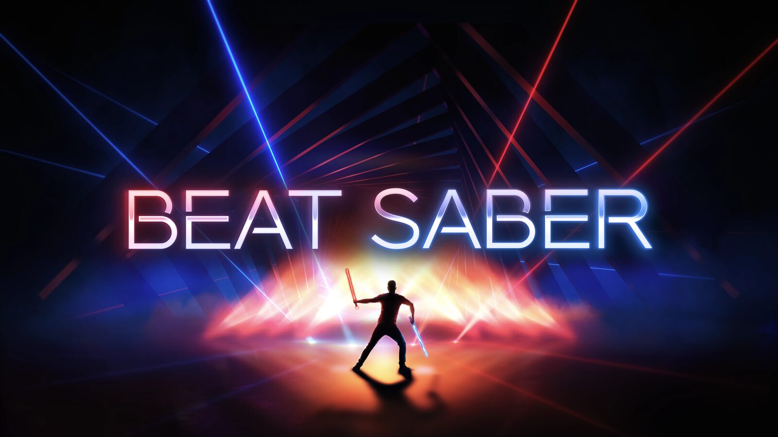 Offizielles Beat-Saber-Artwork mit einer Figur, die zwei Lichtschwerter hält, vor roten und blauen Laserstrahlen