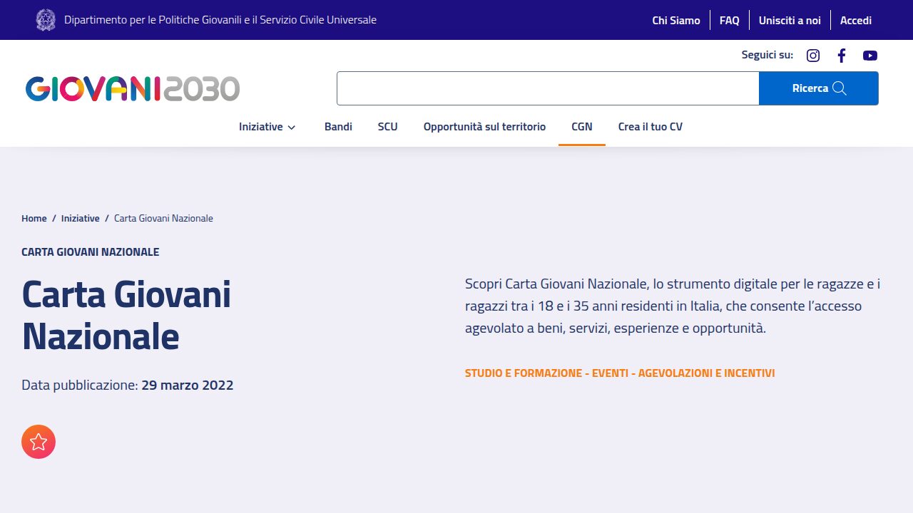 Pagina ufficiale della Carta Giovani Nazionale sul portale Giovani2030 del Dipartimento per le Politiche Giovanili