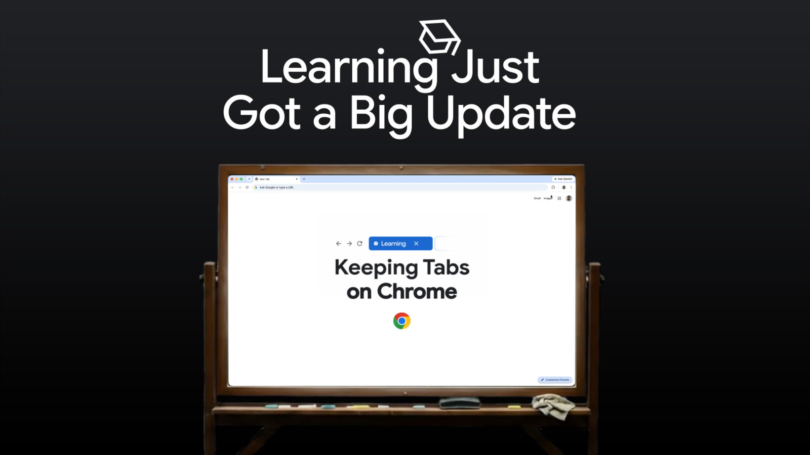 Una lavagna con lo schermo di Chrome e la scritta Keeping Tabs on Chrome, immagine di presentazione di Google