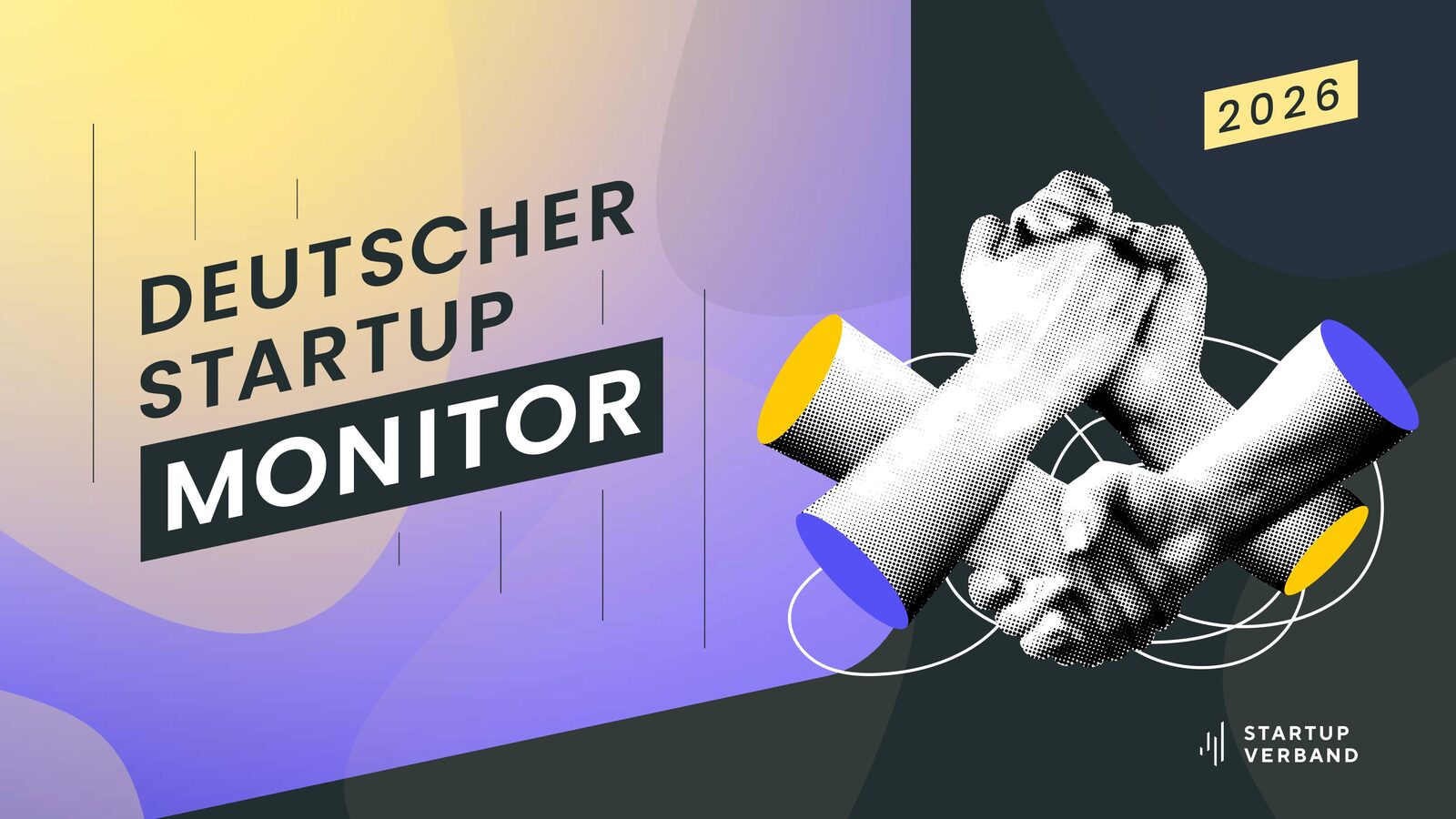 Titelmotiv des Deutschen Startup Monitors 2026 mit zwei ineinandergreifenden Händen auf violett-dunklem Hintergrund