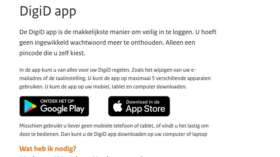 Pagina over de DigiD app op DigiD.nl met downloadknoppen en de uitleg dat de app ook op een computer werkt
