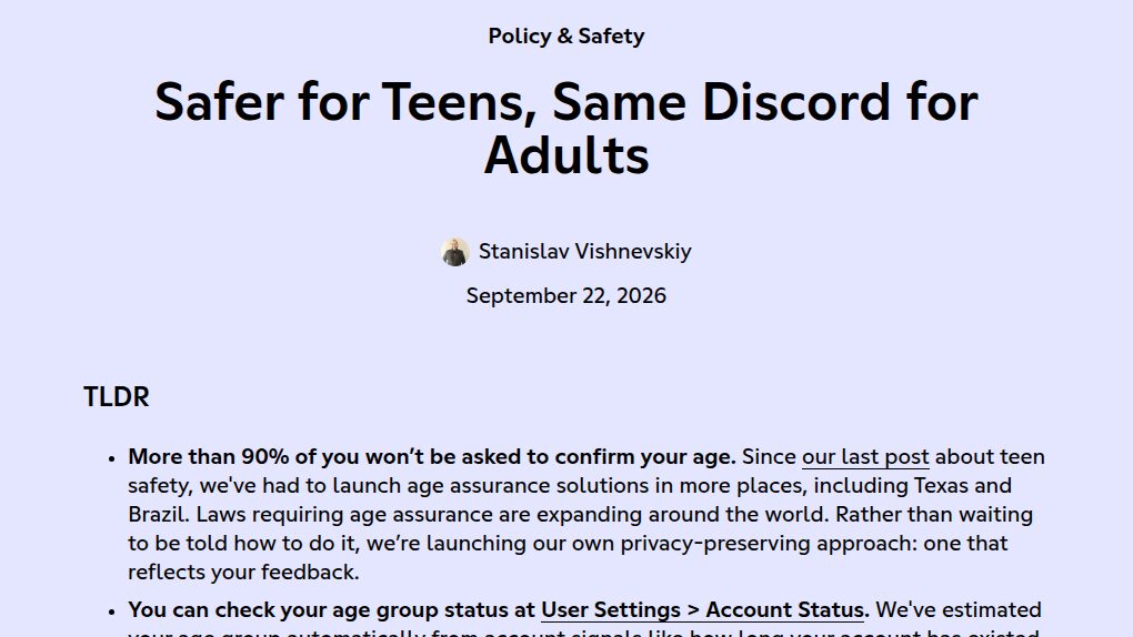 Ausschnitt aus Discords Blogbeitrag „Safer for Teens, Same Discord for Adults“ vom 22. September 2026