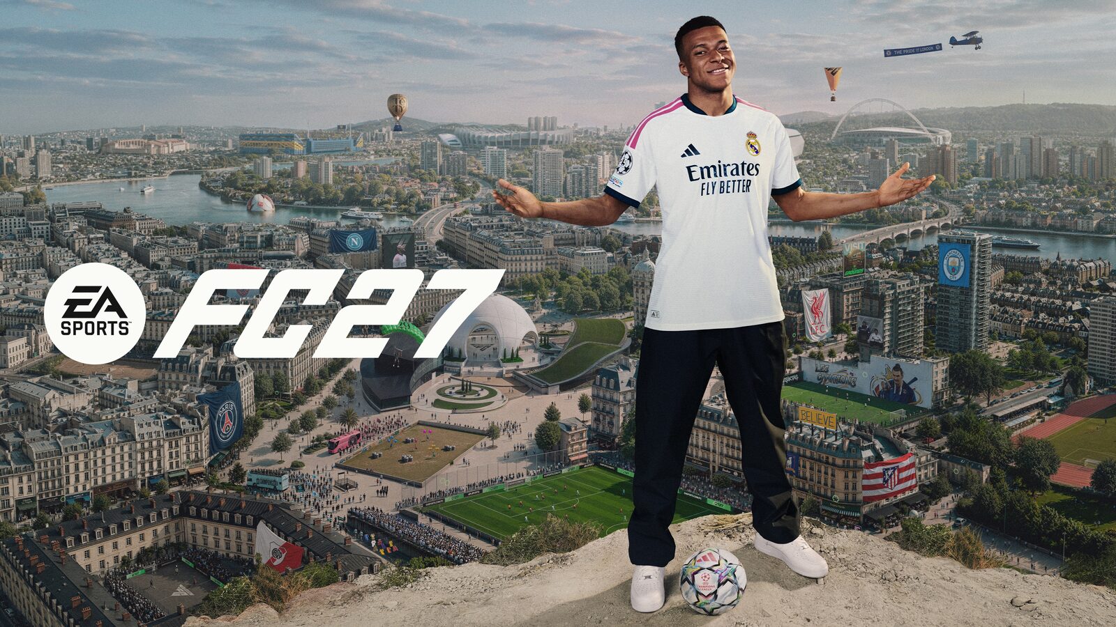 Coverafbeelding van EA Sports FC 27 met een voetballer in het shirt van Real Madrid die met gespreide armen voor een stad staat