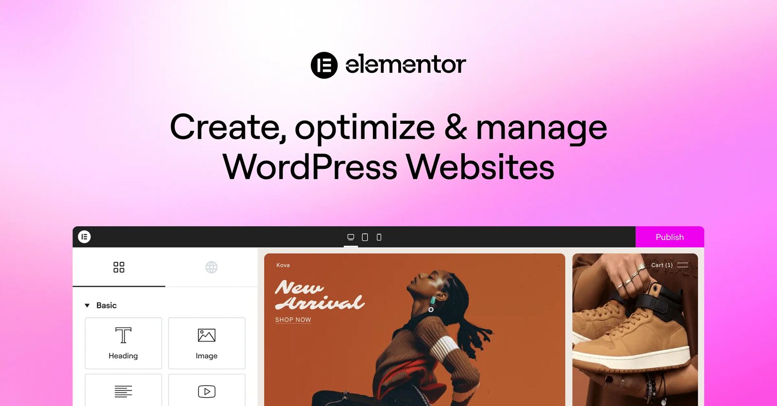 Elementor logosu ve "Create, optimize & manage WordPress Websites" yazısının altında Elementor sayfa düzenleyicisinin ekran görüntüsü