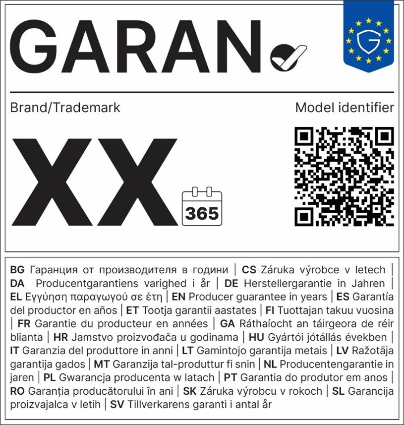 Muster des EU-GARAN-Labels mit Platzhaltern für Garantiejahre, Marke und Modell