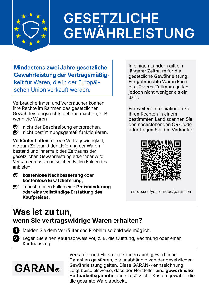 Offizieller EU-Hinweis „Gesetzliche Gewährleistung“ mit EU-Sternen, Checkliste der Verbraucherrechte, QR-Code und GARAN-Kennzeichnung
