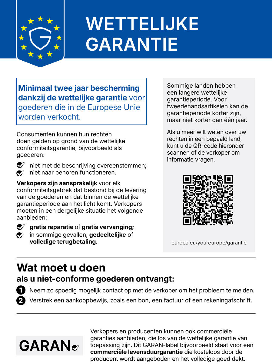 Geharmoniseerde EU-kennisgeving over de wettelijke garantie in het Nederlands, met Europese sterren, overzicht van consumentenrechten en QR-code