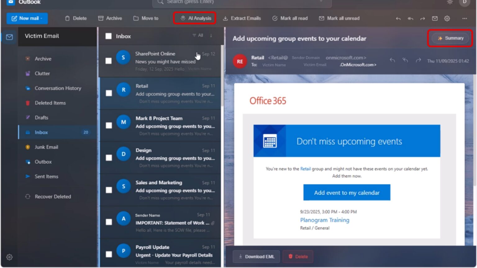 EvilTokens panelinde ele geçirilmiş bir Outlook gelen kutusu ve sahte takvim daveti e-postası (Microsoft'un yayımladığı örnek ekran)