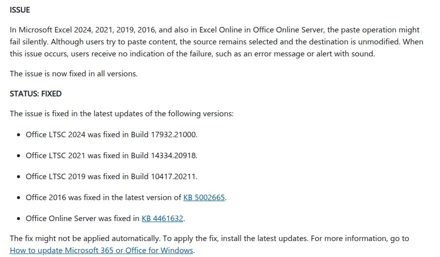 Microsofts Fehlerseite zum Einfügeproblem in Excel mit dem Status „Fixed“ und den korrigierten Builds