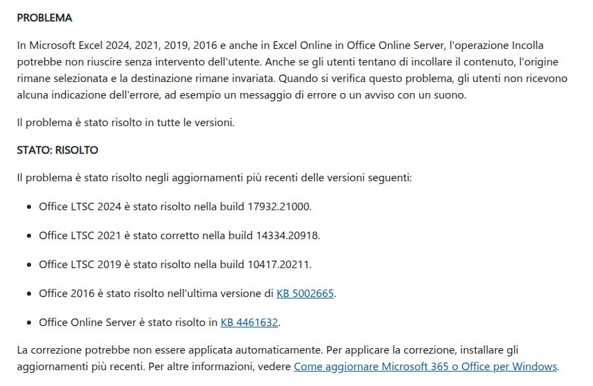 La pagina di supporto Microsoft in italiano con lo stato "Risolto" e le build corrette per ogni versione di Office