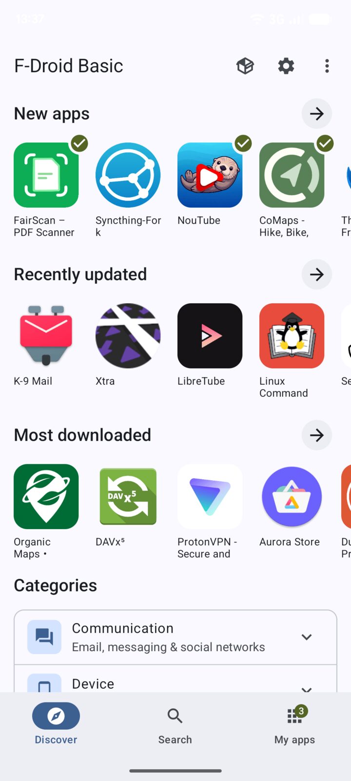 Die neue Entdecken-Ansicht von F-Droid 2.0 mit Reihen für neue, kürzlich aktualisierte und oft heruntergeladene Apps