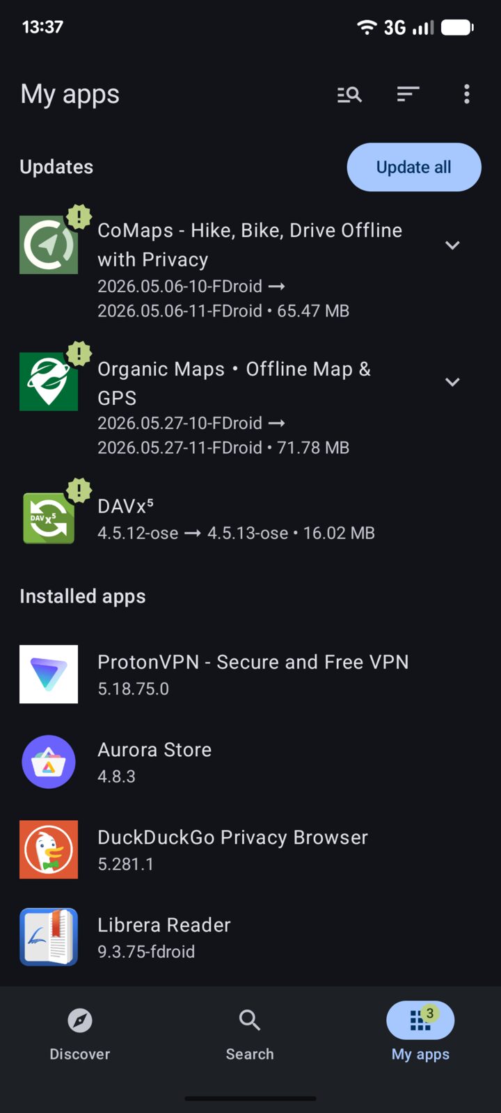 Het scherm My apps in F-Droid 2.0 met beschikbare updates en een knop Update all