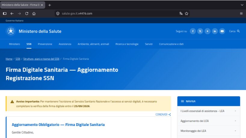 La falsa pagina del Ministero della Salute che chiede di aggiornare la registrazione al SSN con una firma digitale entro il 25 settembre 2026