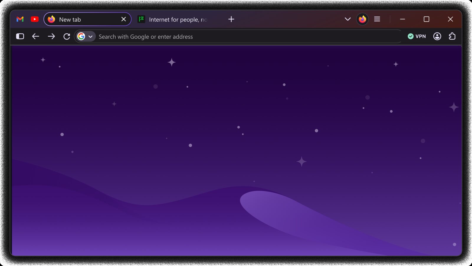 Firefox-Startseite im Nova-Design mit dunklem Hintergrund und VPN-Symbol