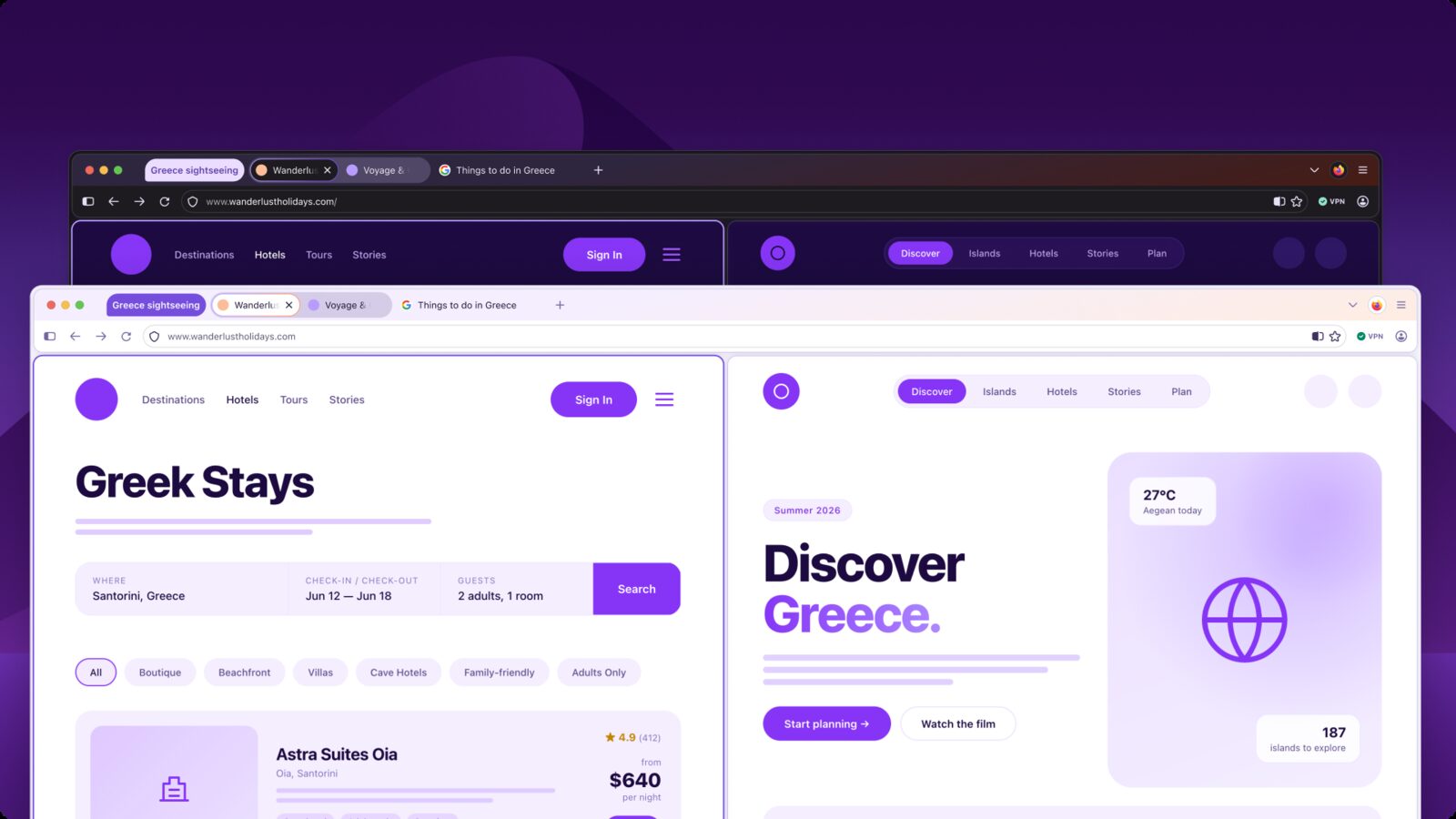 Zwei Firefox-Fenster im neuen Nova-Design, eines hell und eines dunkel, mit abgerundeten Tabs und violetten Akzenten
