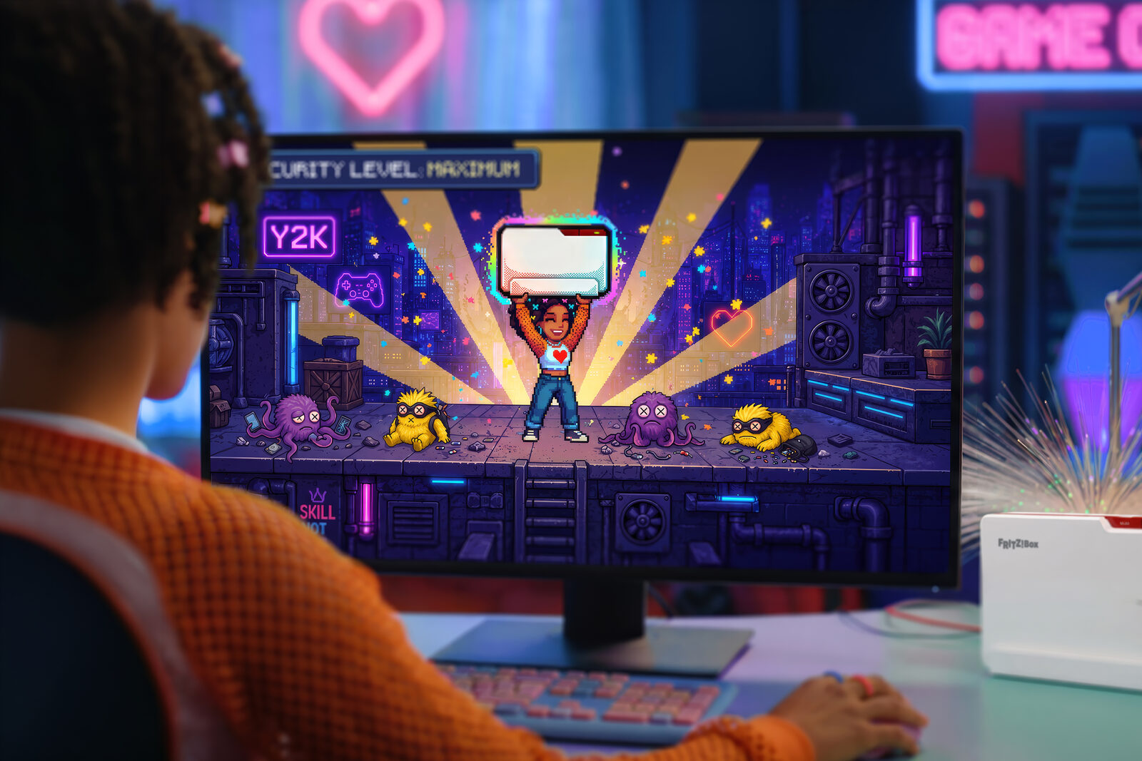 Person spielt ein Pixel-Art-Spiel am Monitor, daneben steht eine weiße FRITZ!Box auf dem Schreibtisch
