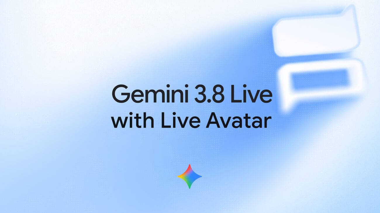Grafica ufficiale di Google con la scritta Gemini 3.8 Live with Live Avatar su sfondo azzurro