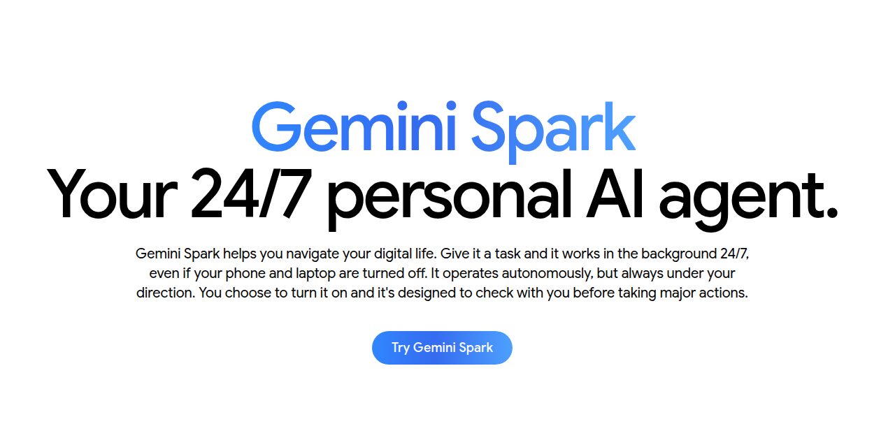 Startseite von Gemini Spark mit dem Slogan „Your 24/7 personal AI agent“ und dem Button „Try Gemini Spark“