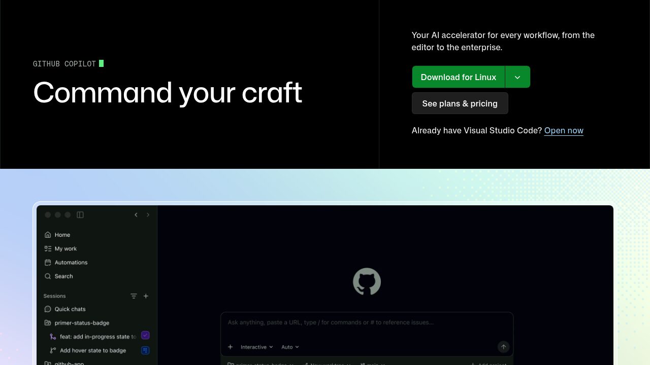 GitHub Copilot'ın resmi tanıtım sayfası; üstte "Command your craft" başlığı, altta Copilot masaüstü uygulamasının arayüzü