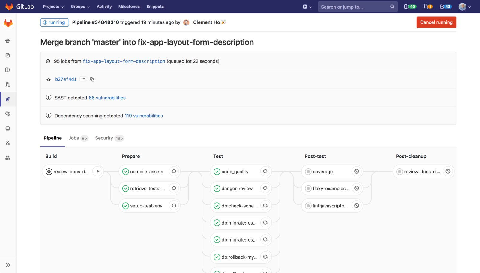 Pipeline-Ansicht in GitLab mit den Phasen Build, Prepare, Test und Post-test