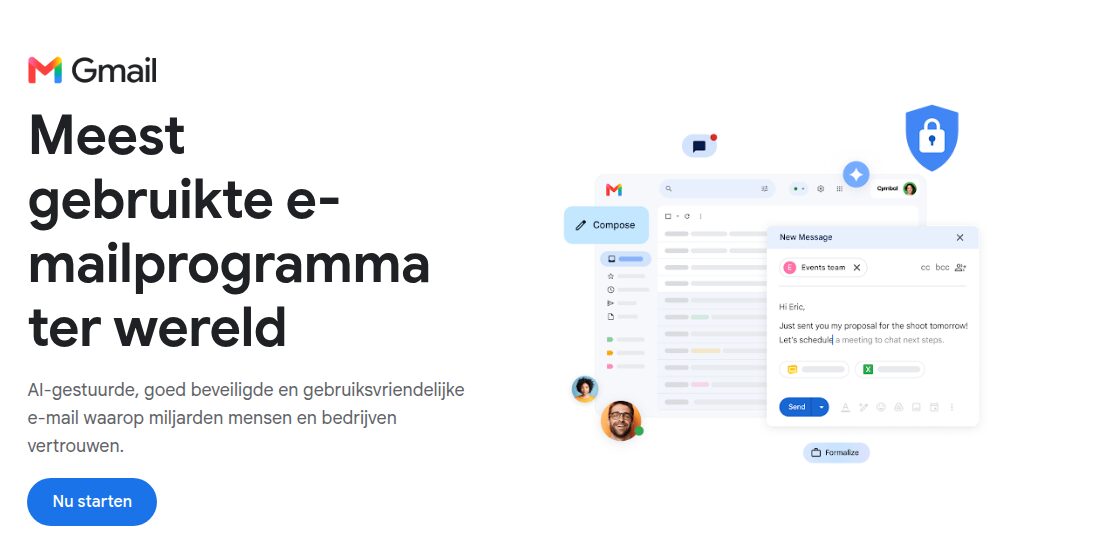 De officiële Nederlandstalige Gmail-pagina met het logo en een illustratie van de inbox