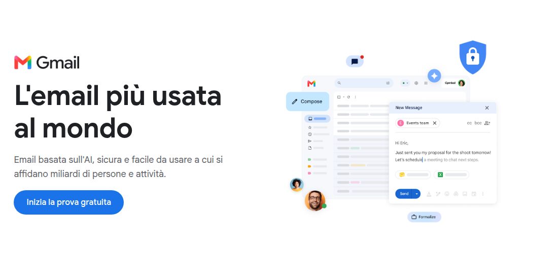 La pagina ufficiale di Gmail in italiano con il logo e un'illustrazione della casella di posta