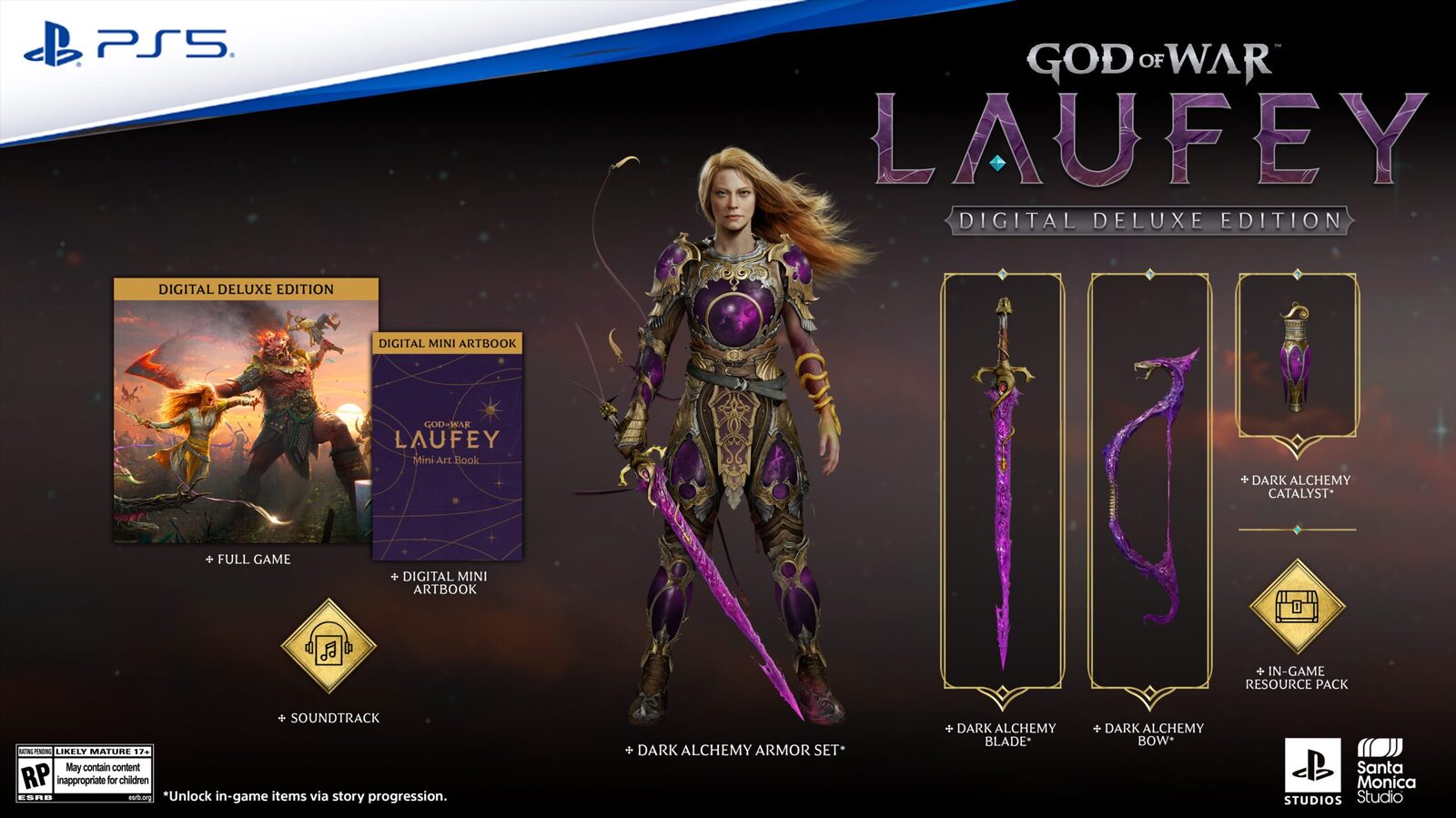 God of War Laufey Digital Deluxe Sürüm içeriği: Dark Alchemy zırhı, kılıcı, yayı ve katalizörü