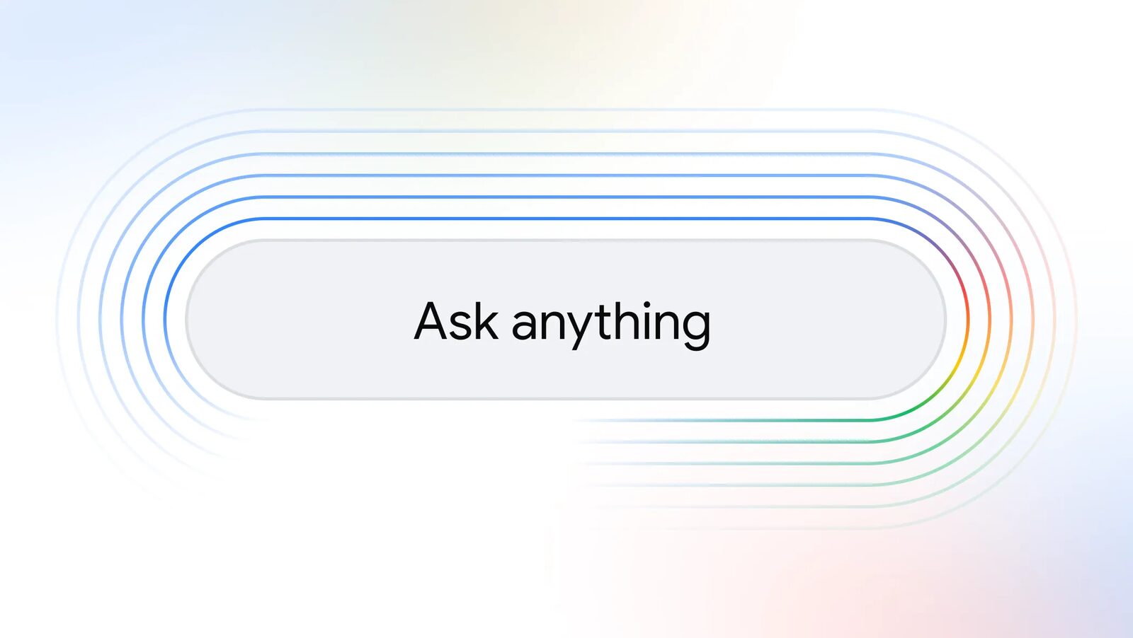 Google'ın yapay zeka destekli yeni arama kutusunu gösteren, renkli halkalarla çevrili "Ask anything" alanı