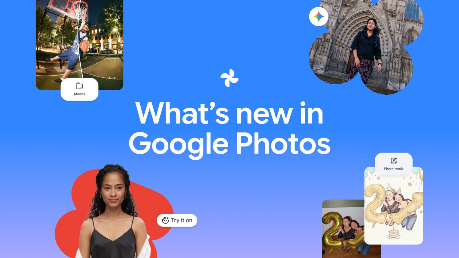 Google-Grafik „What's new in Google Photos“ mit Beispielbildern für Moods, Photo Remix und die Anprobe-Funktion