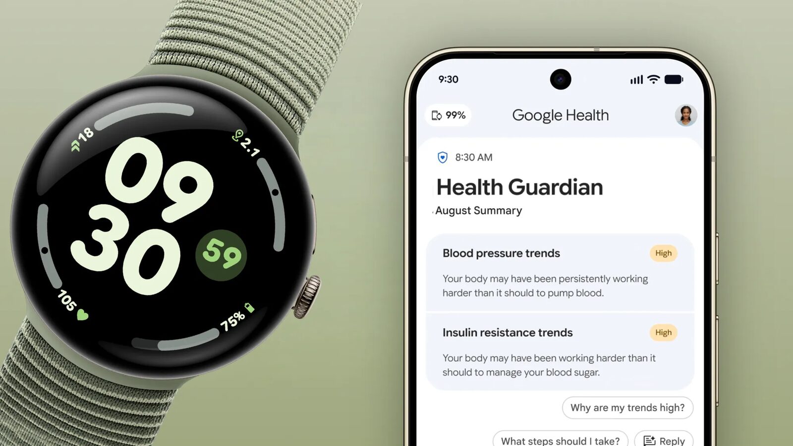 Pixel Watch mit grünem Armband neben einem Smartphone, das in der Google-Health-App eine Health-Guardian-Zusammenfassung mit Blutdruck- und Insulinresistenz-Trends zeigt
