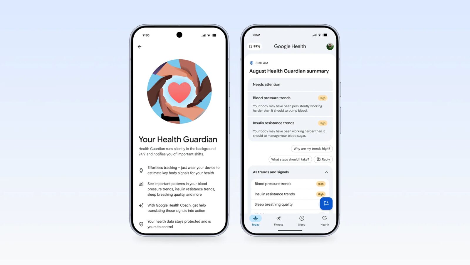 Google Health uygulamasında Health Guardian ekranları