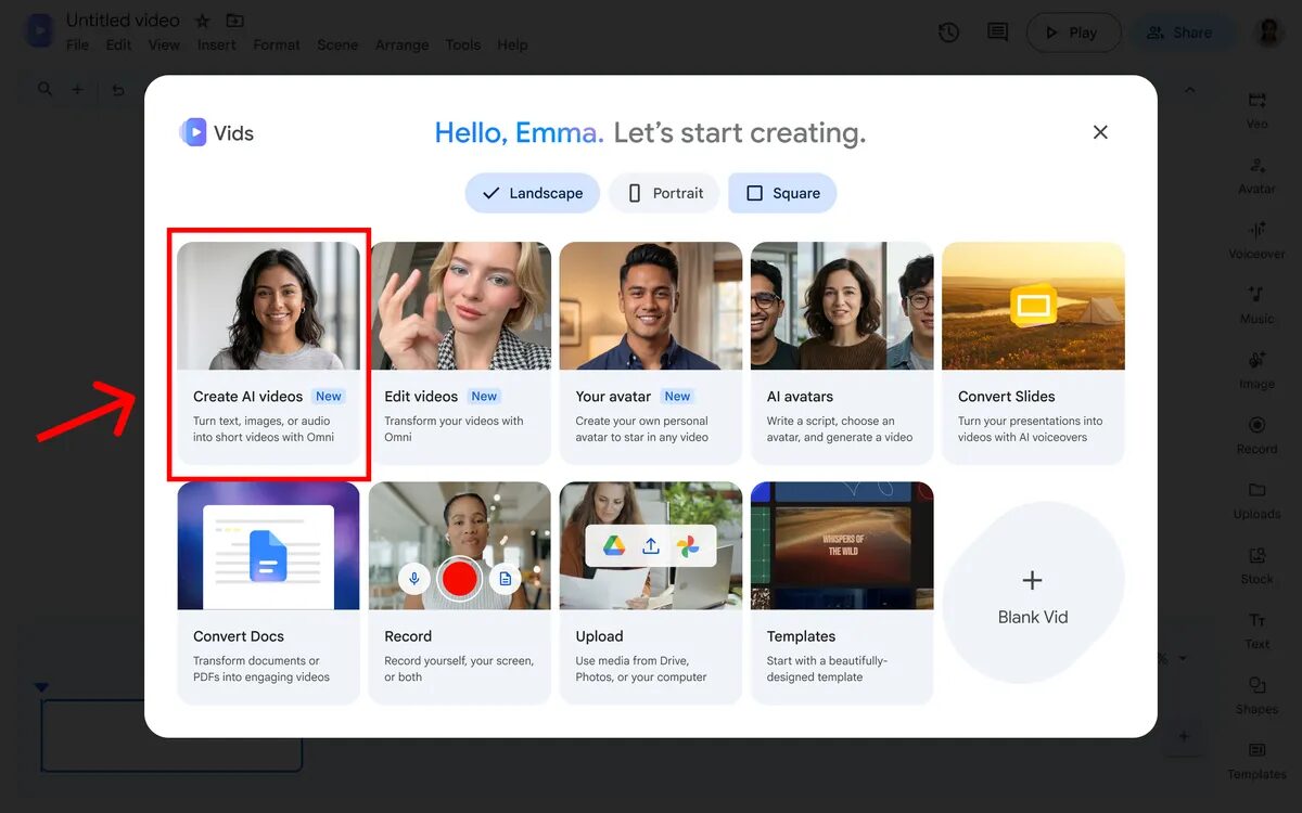 Google Vids başlangıç ekranında yeni "Create AI videos" seçeneği