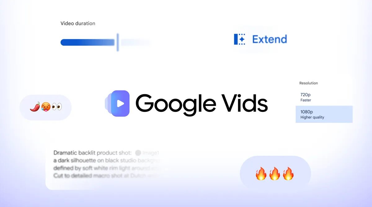 Google-Vids-Logo, umgeben von Bedienelementen für Videodauer, Szenenverlängerung und 1080p-Auflösung