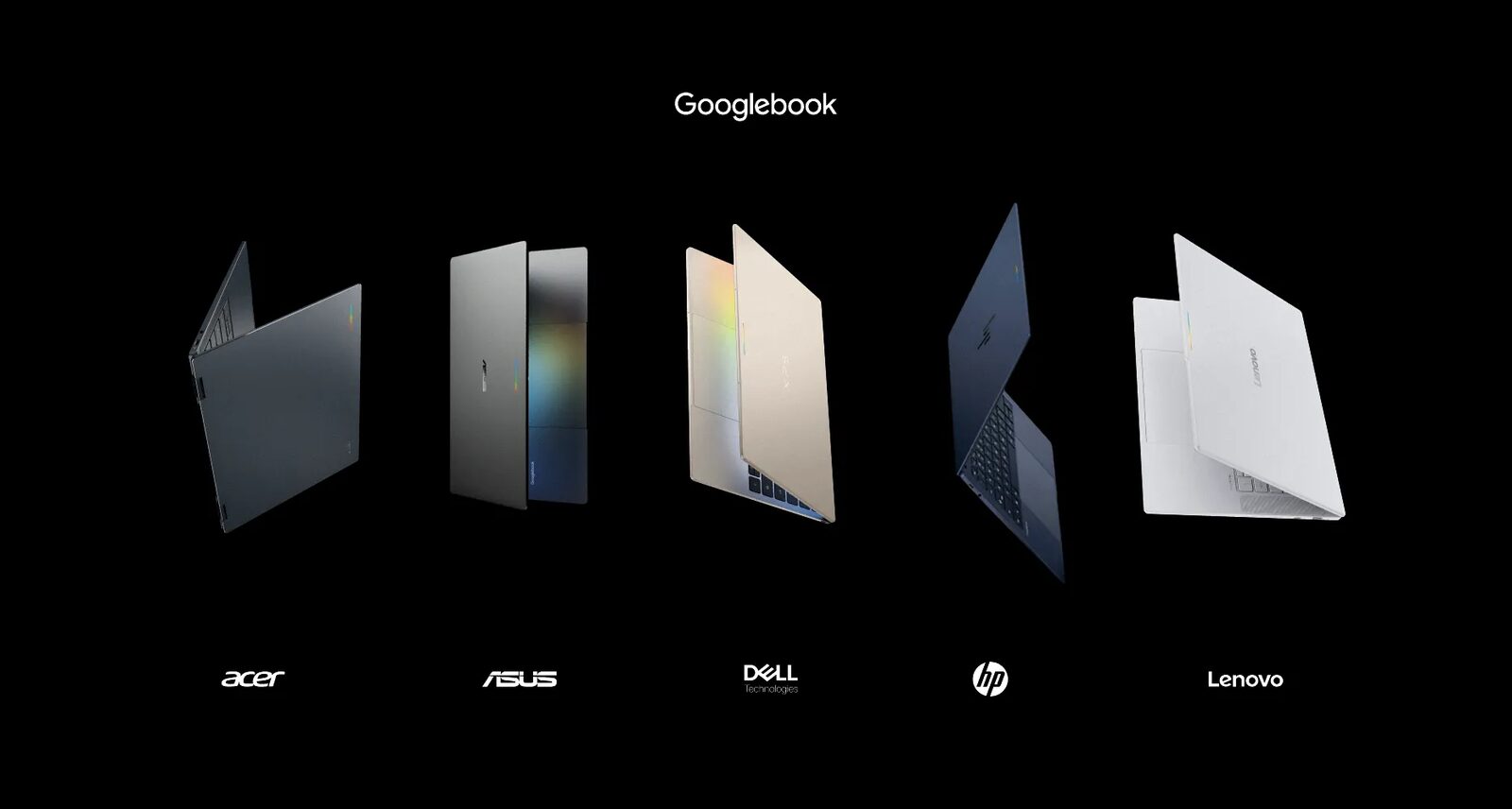 Die ersten Googlebook-Modelle von Acer, ASUS, Dell, HP und Lenovo nebeneinander vor schwarzem Hintergrund
