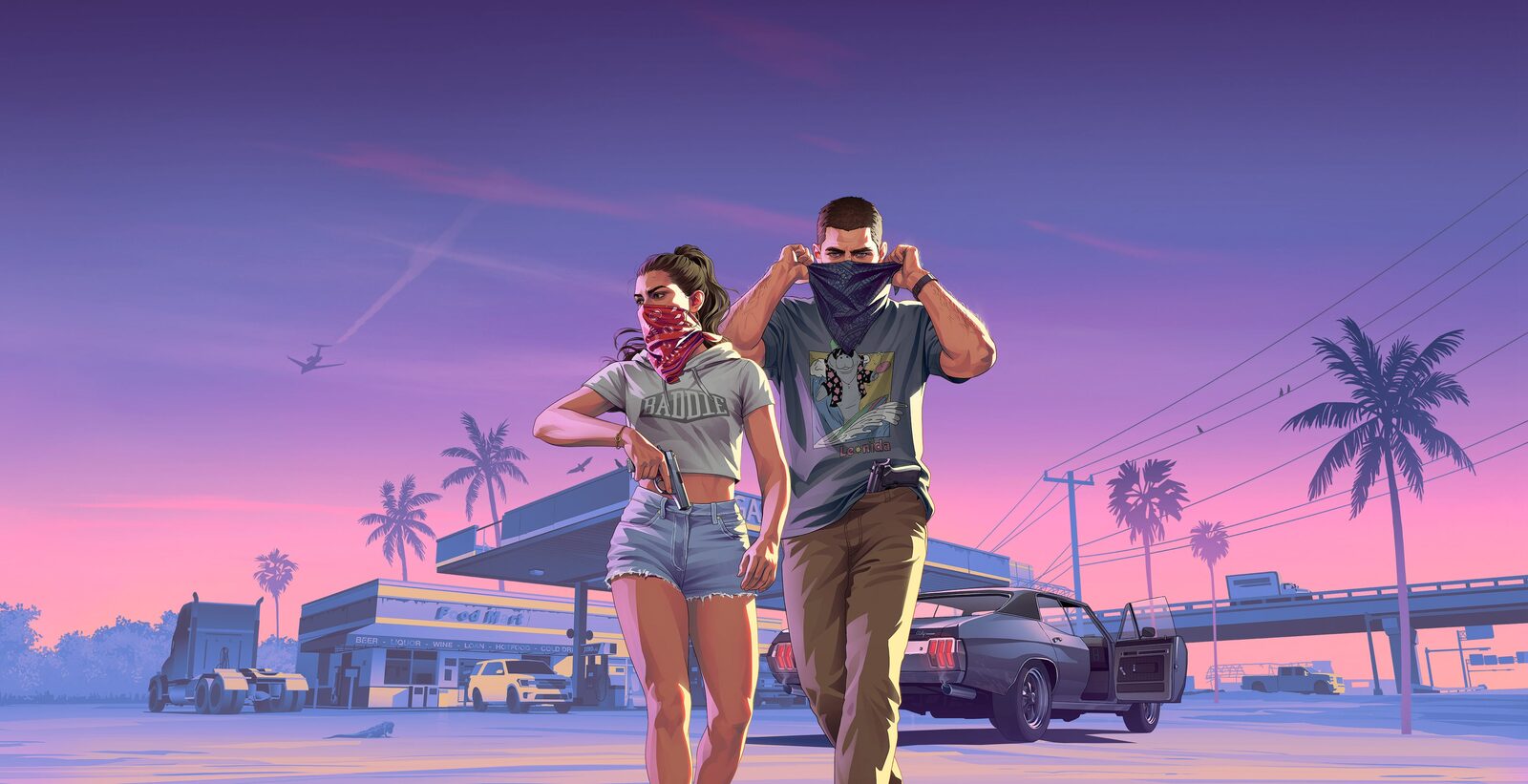 GTA 6'nın resmi görseli; Lucia ve Jason, pembe-mor gün batımında palmiyeli bir benzin istasyonunun önünden yürüyor