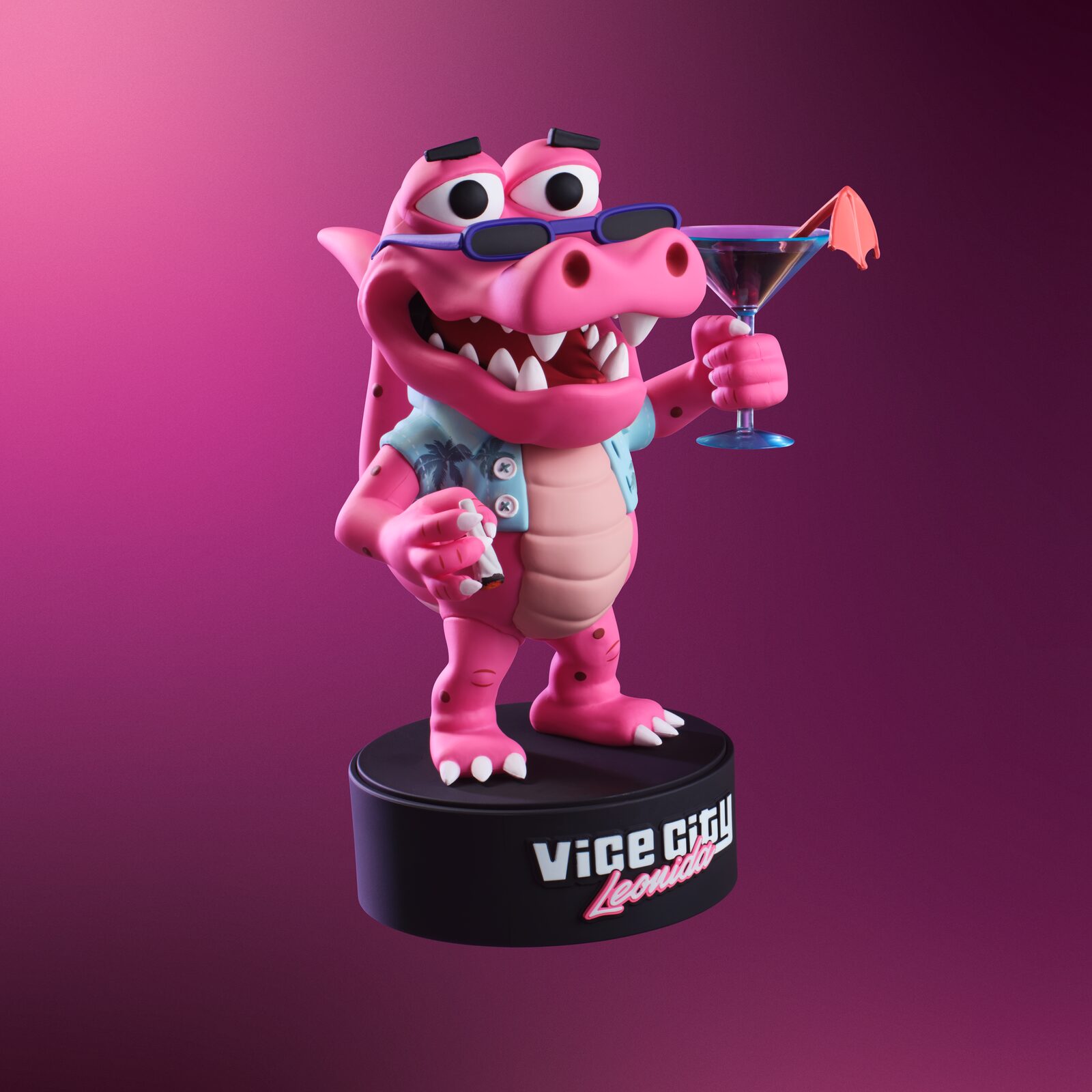 De figuur van Macca the Gator op een zwarte voet met het Vice City Leonida-logo