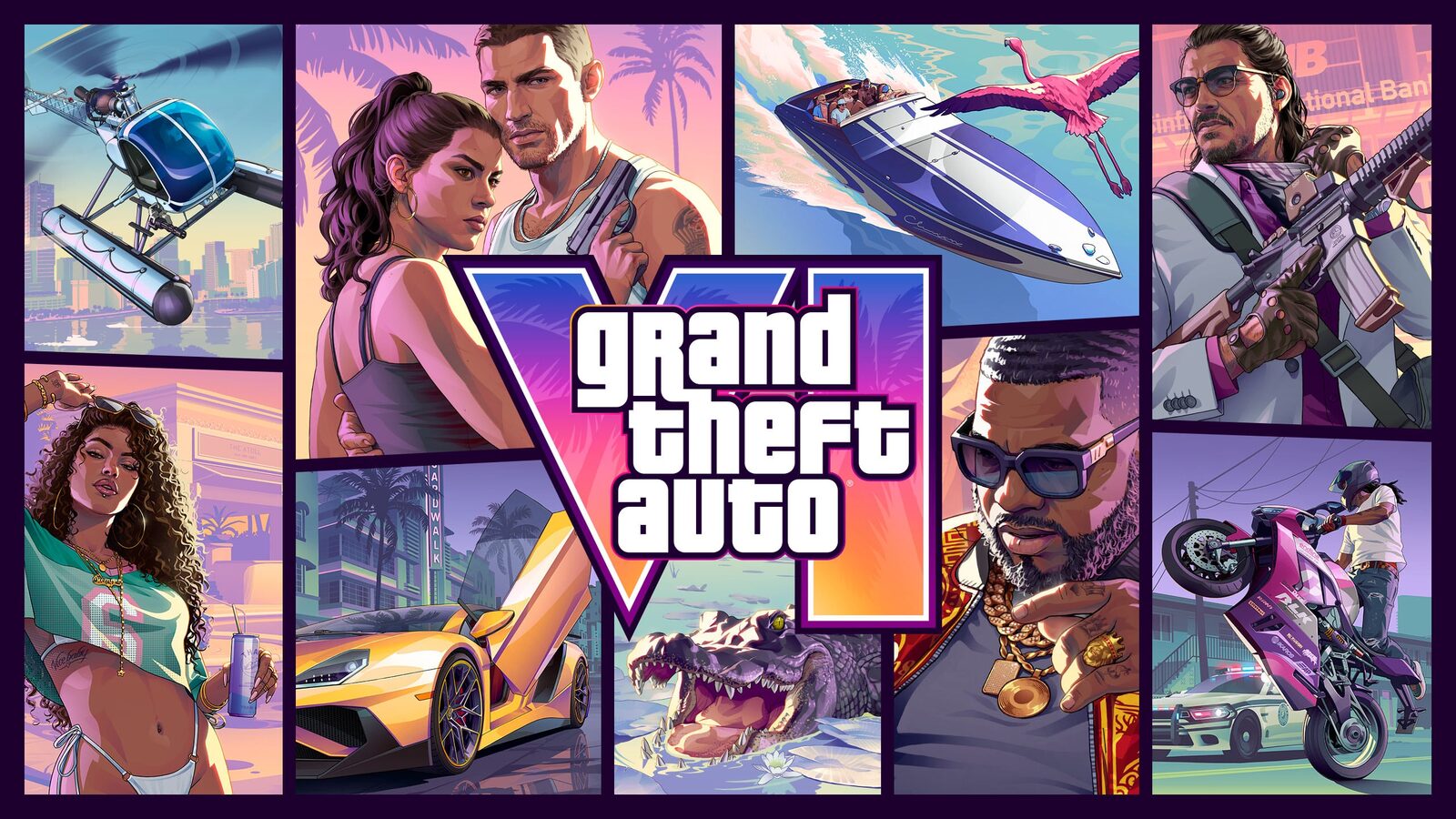 Offizielles GTA-VI-Poster mit pink-violettem Logo in der Mitte, umgeben von Szenen mit Lucia, Jason und Motiven aus Leonida