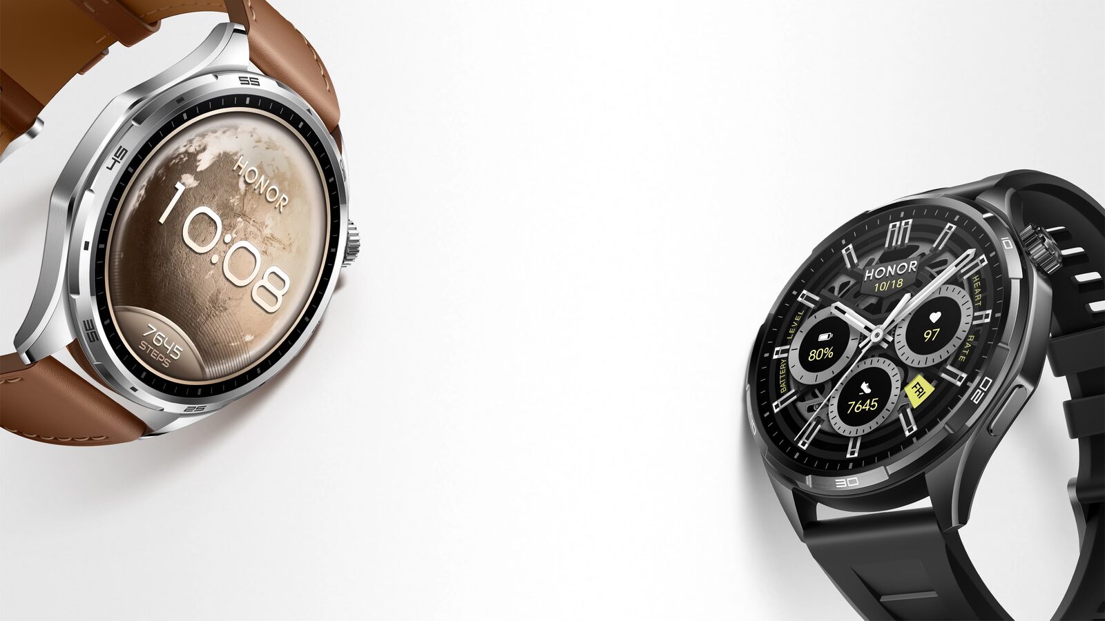 Kahverengi deri kayışlı gümüş Honor Watch 6 ile siyah silikon kayışlı siyah Honor Watch 6 yan yana