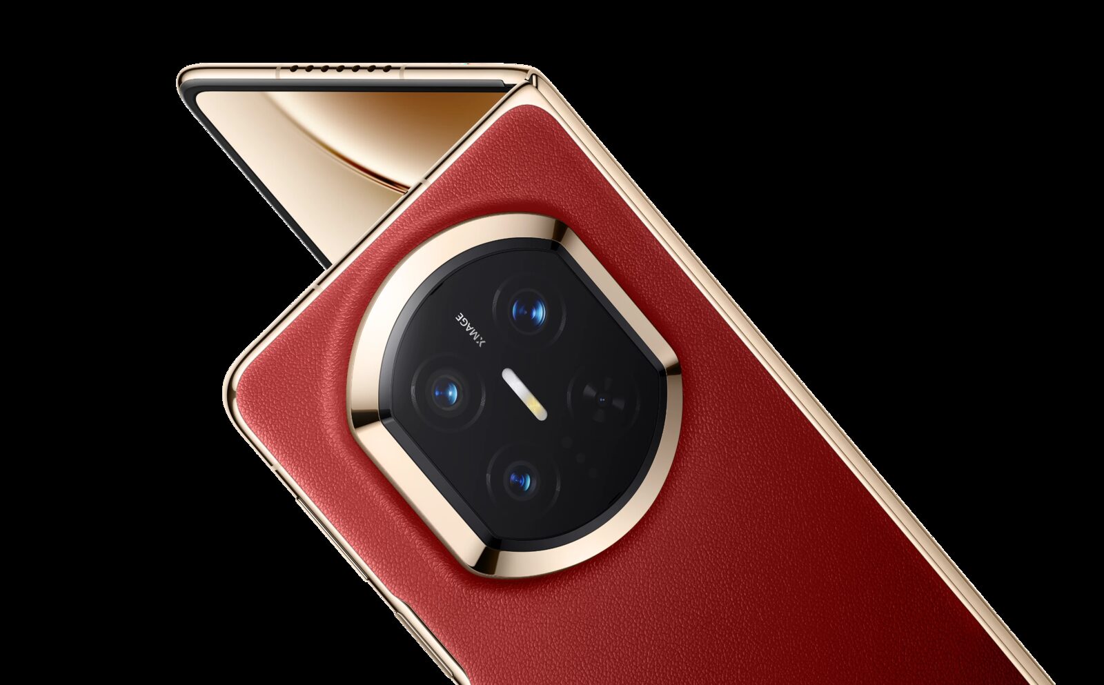 Rückseite des Huawei Mate X7 in Rot mit rundem Kameramodul und goldenem Rahmen