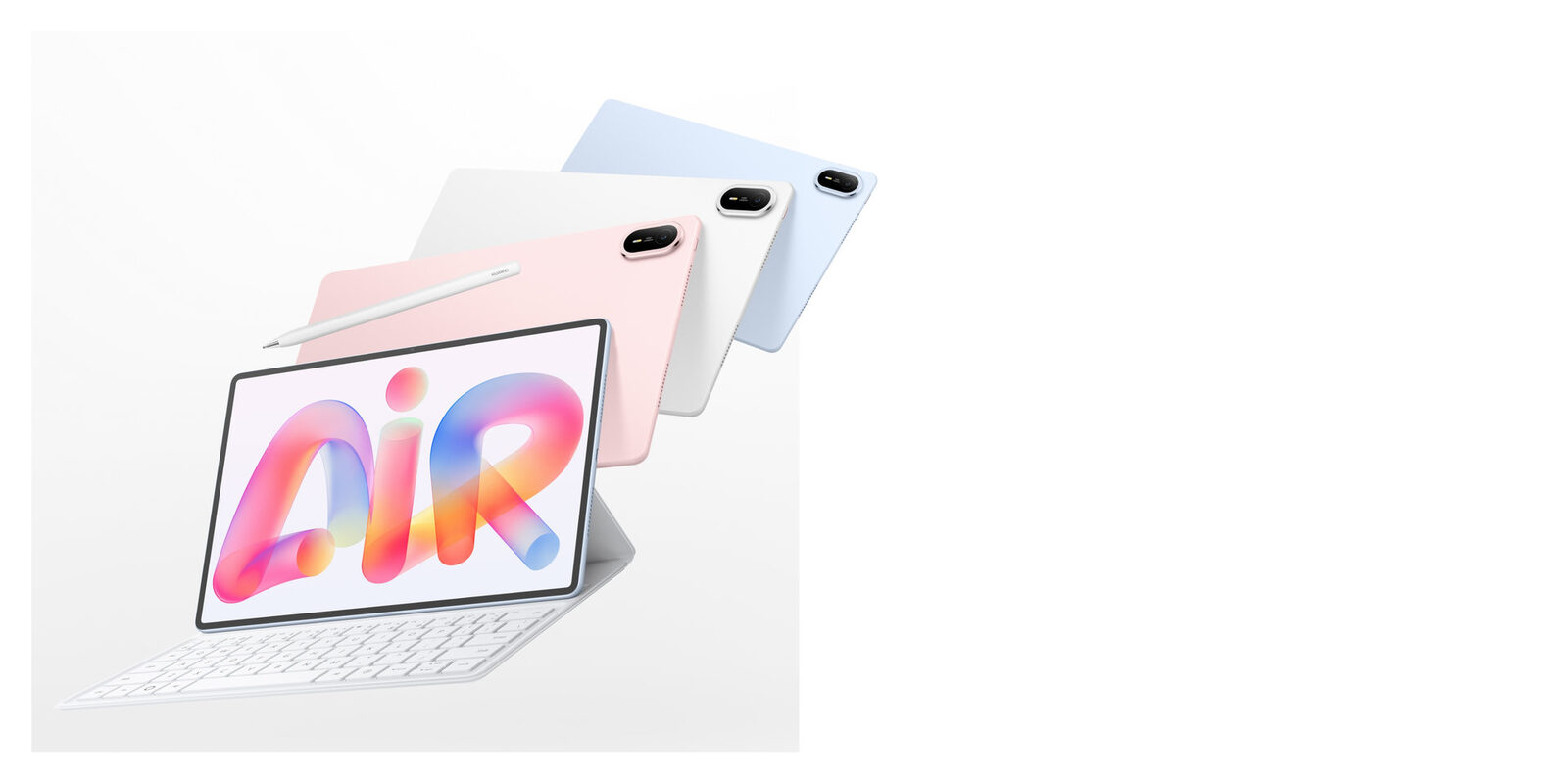 Pembe, beyaz ve mavi renkteki Huawei MatePad Air tabletler, önde klavye kılıfına takılı tablet ve M-Pencil Pro kalem