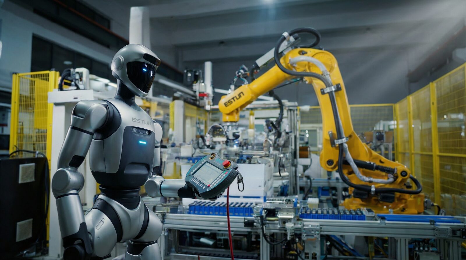Humanoider Roboter mit Handbediengerät vor einem gelben Industrieroboterarm an einer Fertigungslinie