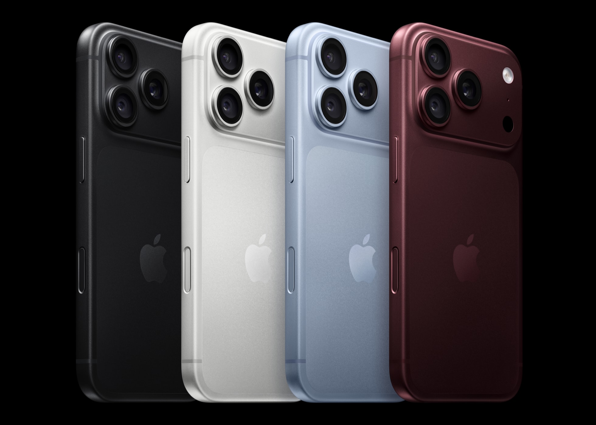 Vier iPhone 18 Pro in Schwarz, Silber, Polar und Burgunder von hinten