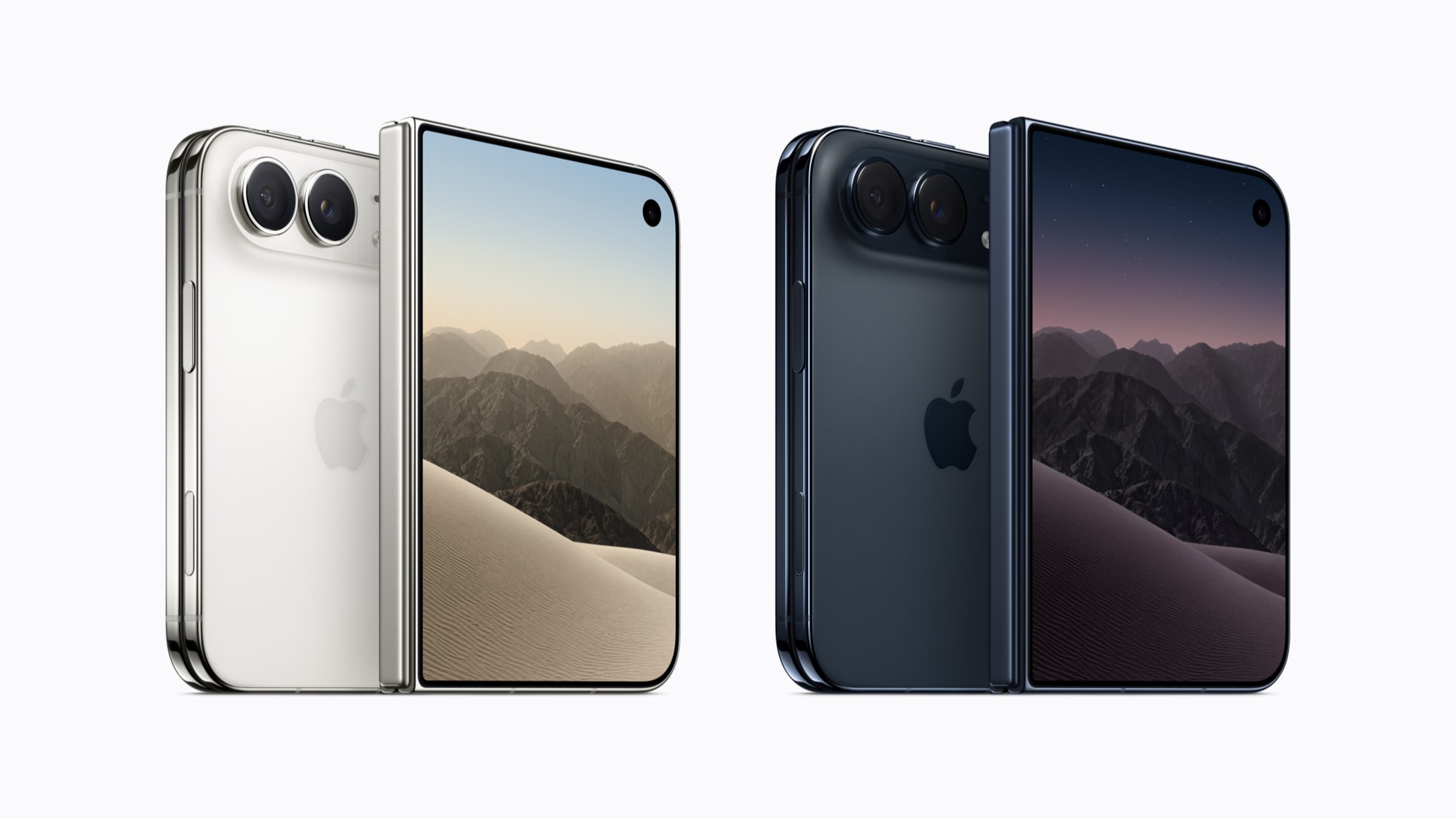 Beyaz ve gece mavisi renklerde, yarı açık duran iki iPhone Duo katlanabilir telefon