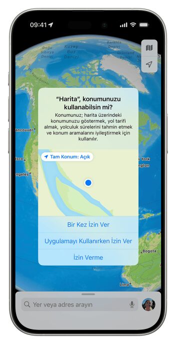iPhone'da bir uygulamanın konum izni istediği pencere: Bir Kez İzin Ver, Uygulamayı Kullanırken İzin Ver ve İzin Verme seçenekleri