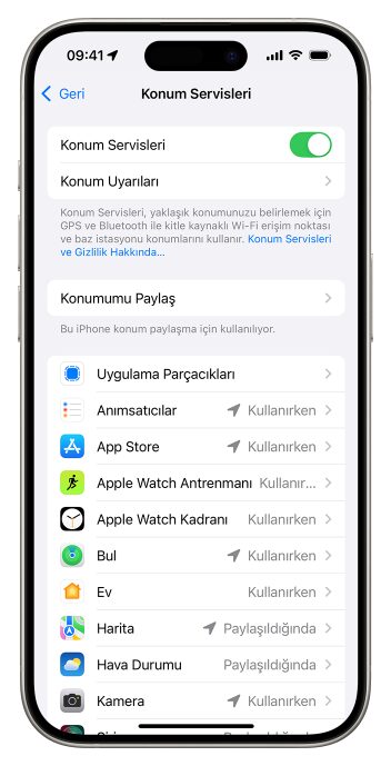 iPhone'da Konum Servisleri ekranı ve uygulamaların konum izinleri listesi