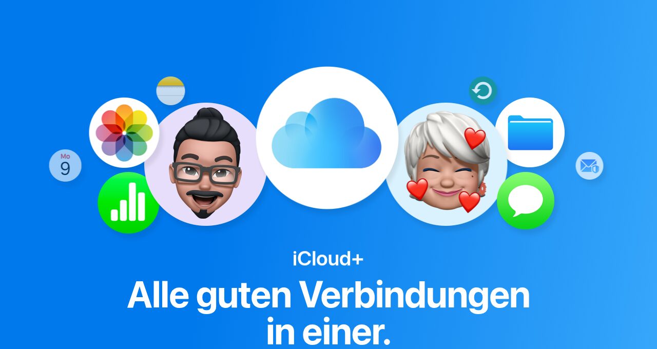 Startseite von iCloud+ auf apple.com/de mit App-Symbolen für Fotos, Dateien und Nachrichten